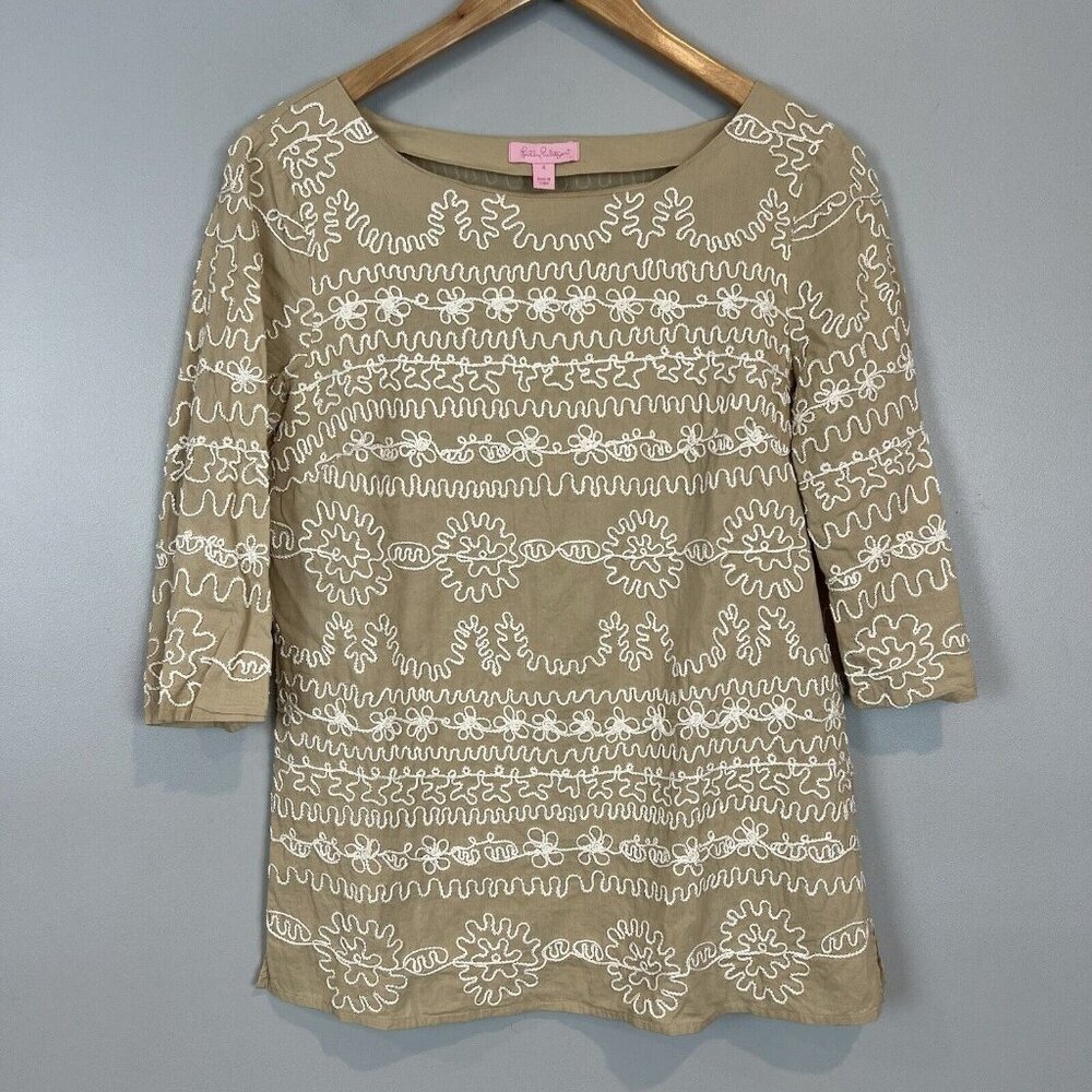 Lilly Pulitzer Embroidered Tunic Top Yasmine Size 4 Beige‎ White 3/4 Sleeves